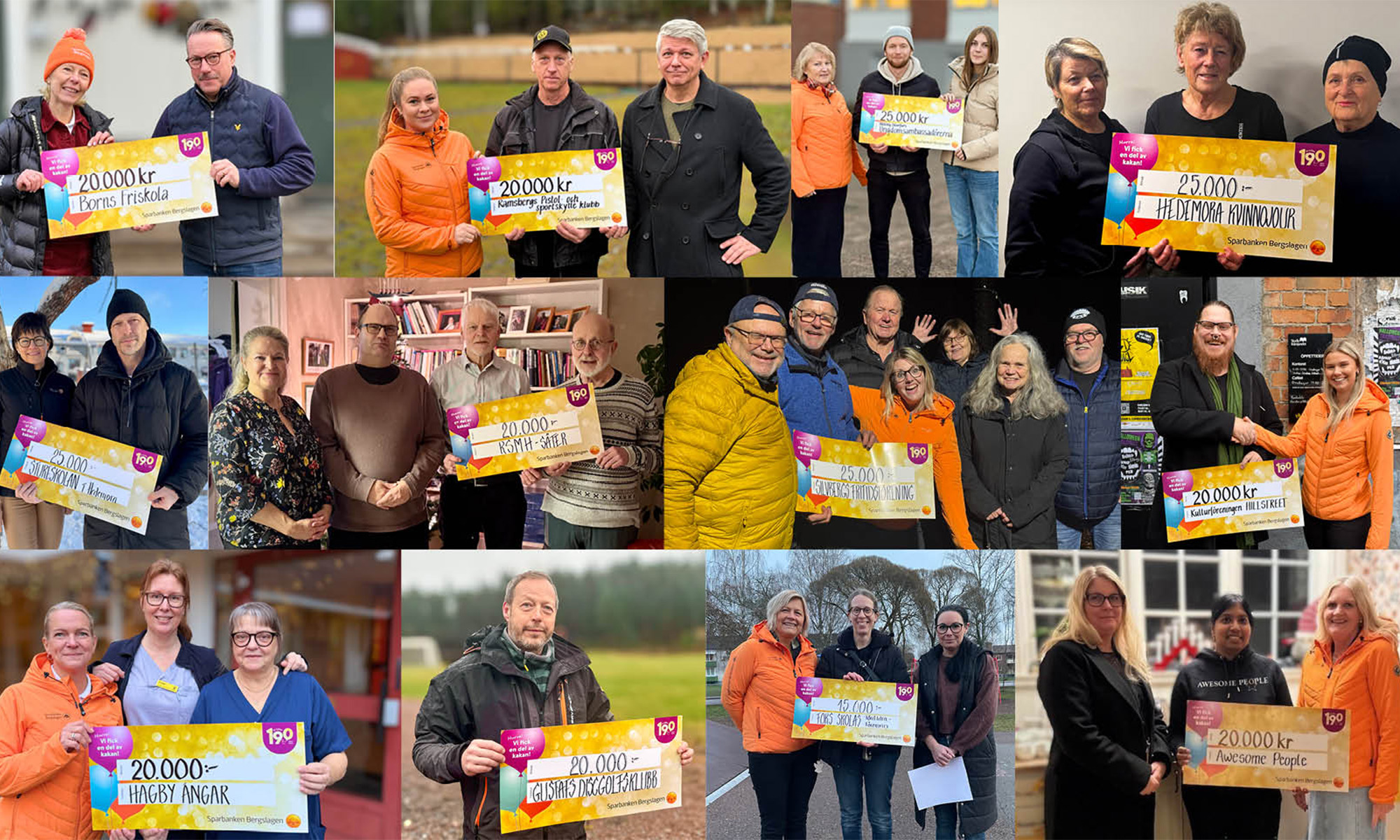 Ett kollage av bilder med personer som fått en värdecheck